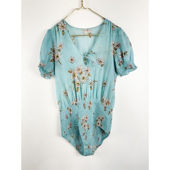 Free People Women's Floral Keyhole V-Neck Short Sleeve Bodysuit Blue Medium - Picture 1 of 5